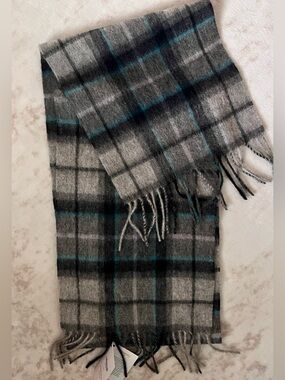 Cozy Gray Plaid Fringe Scarf with Teal Accents